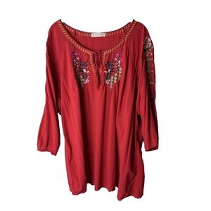 Rose & Thyme Blouse Size XL Top 3/4 Sleeves Red Tassel Ties Floral Embroidered